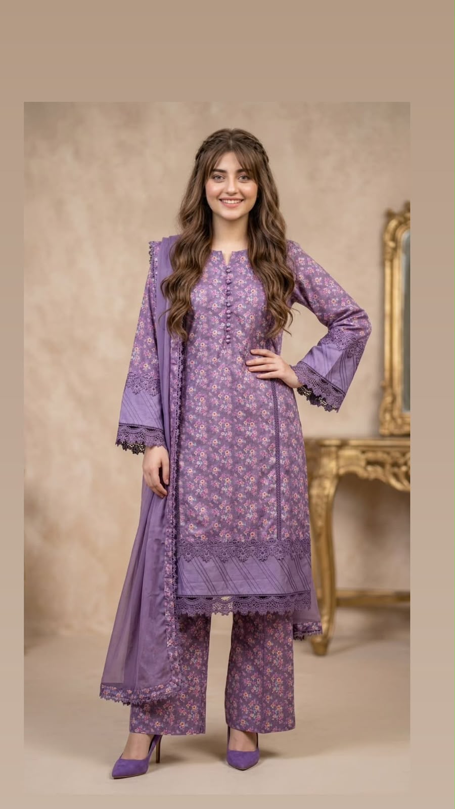3 Pcs Lawn Suit for Women | Lawn Fabric with Lace Work | Chiffon Dupatta with Lace | Unstitched Dress | Small, Medium & Large