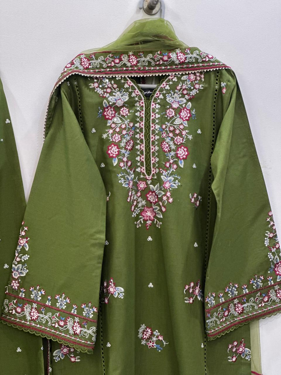 3 Pcs Olive Green Cotton Embroidered Suit for Women | DC Separate | Net Dupatta | Pakistani Unstitched Dress | Small, Medium & Large