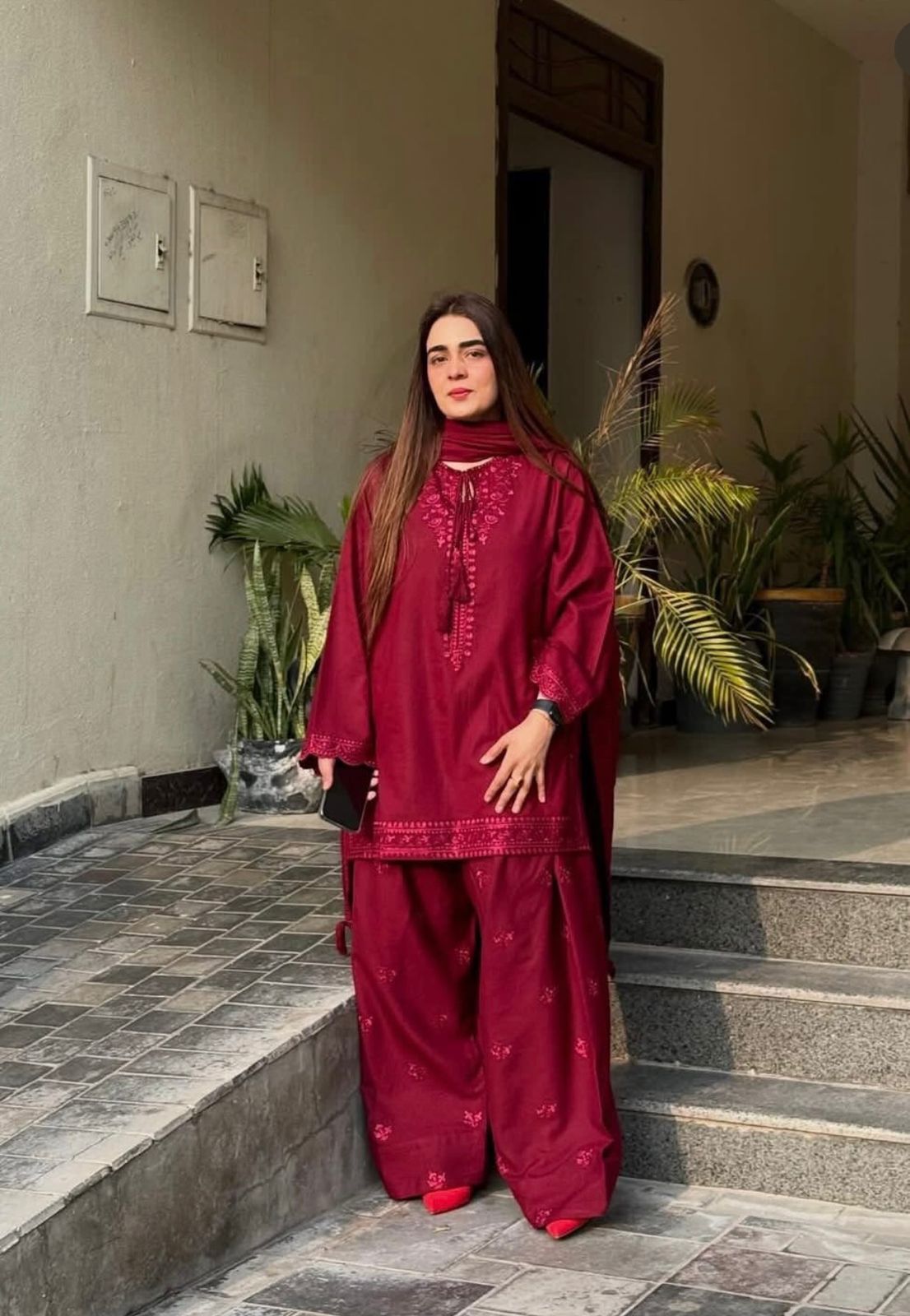 Women's 3 Piece Maroon Cotton Embroidered Farshi Shalwar Suit | Pakistani Salwar Kameez with Dupatta | S, M, L