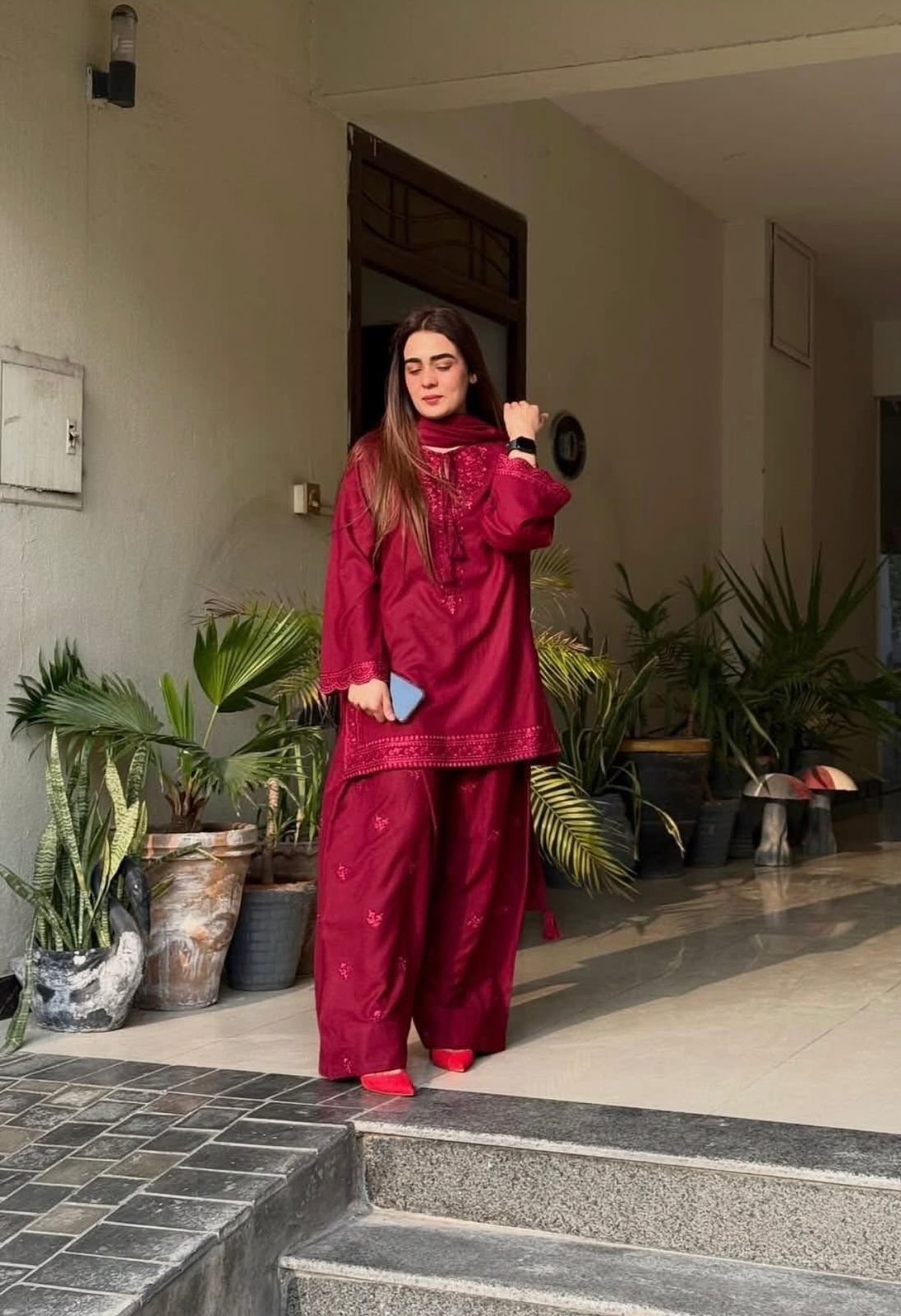Women's 3 Piece Maroon Cotton Embroidered Farshi Shalwar Suit | Pakistani Salwar Kameez with Dupatta | S, M, L
