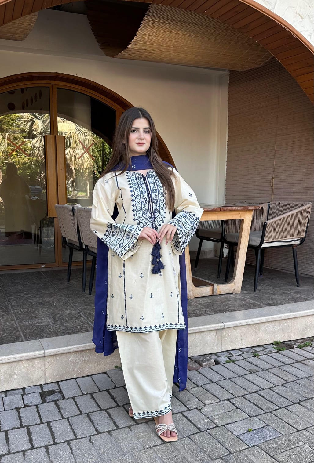 Women's 3 Piece Cotton Embroidered Salwar Kameez Suit with Dupatta | Pakistani Designer Dress | Cream & Navy | Small Medium Large