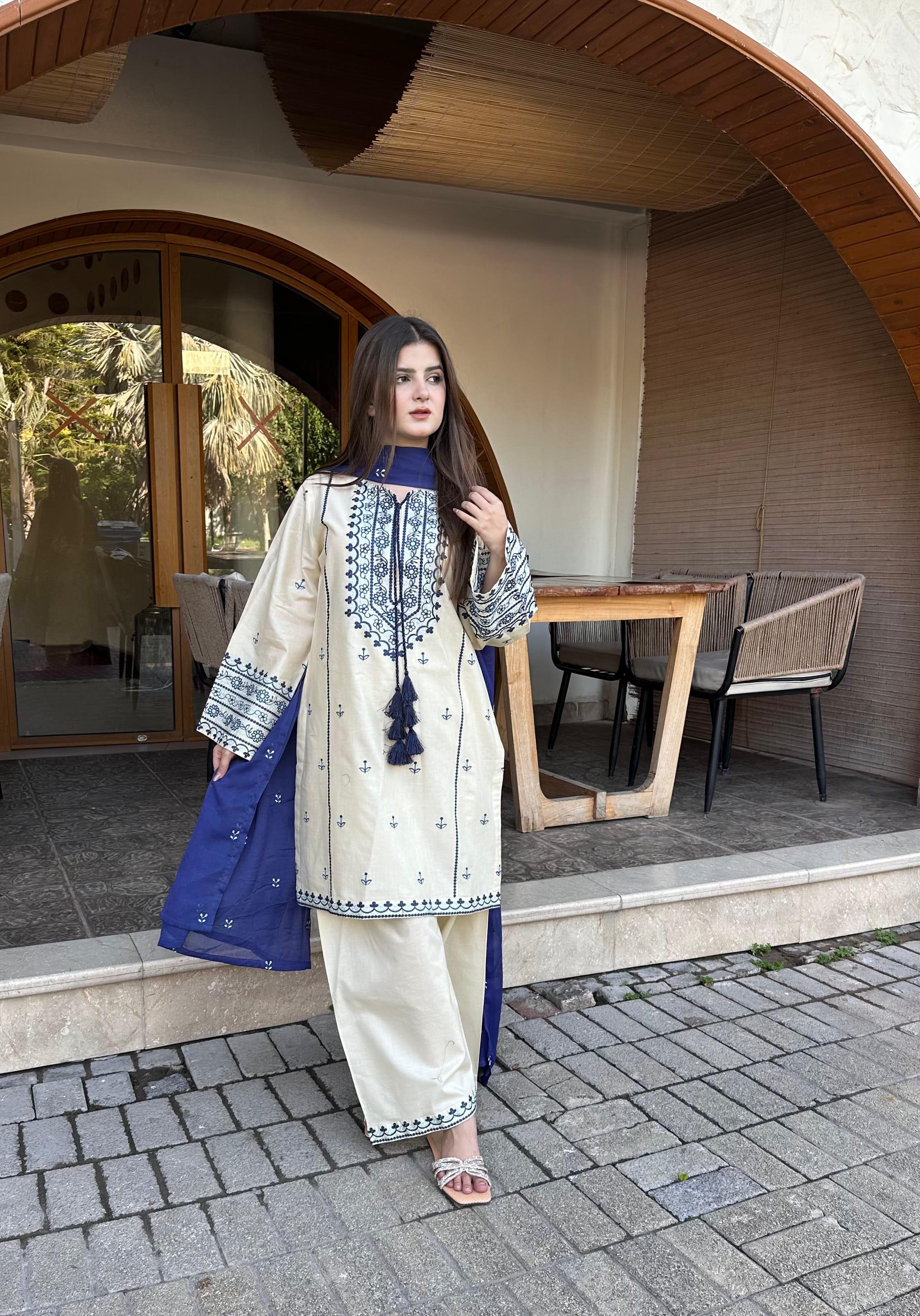 Women's 3 Piece Cotton Embroidered Salwar Kameez Suit with Dupatta Cream and Navy Blue