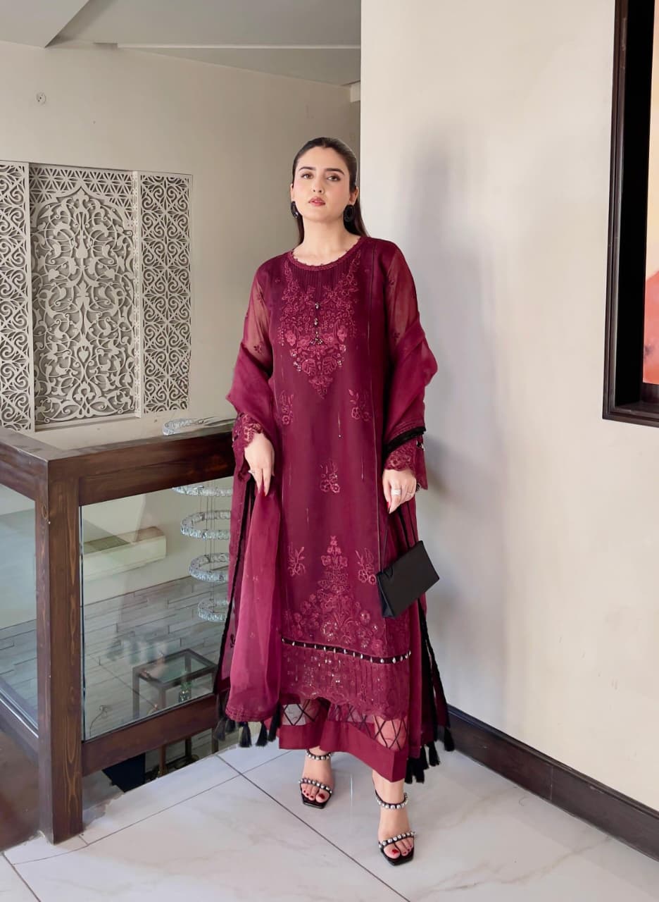 Women's Premium 3 Piece Cotton Embroidered Suit | Embroidered Shirt Trouser & Chiffon Dupatta | Small Medium Large