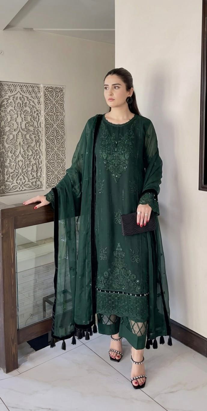 Women's Maroon 3 Piece Cotton Embroidered Suit with Chiffon Dupatta