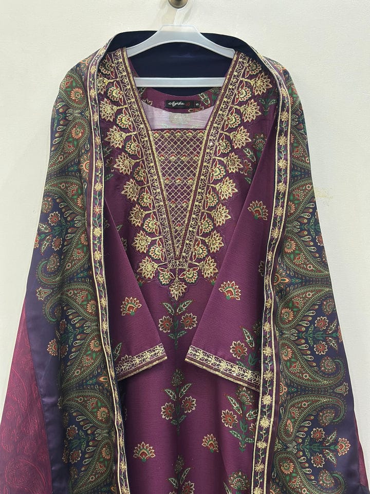 3-Piece Embroidered Winter Collection - Gulrukh | Luxury Purple Lawn Suit with Intricate Embroidery Work