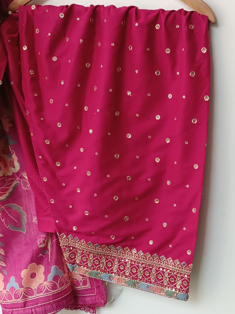 3Pc Cotton Lawn Suit | Embroidered Shirt Shalwar with Silk Dupatta – Tilla & Sequin Work