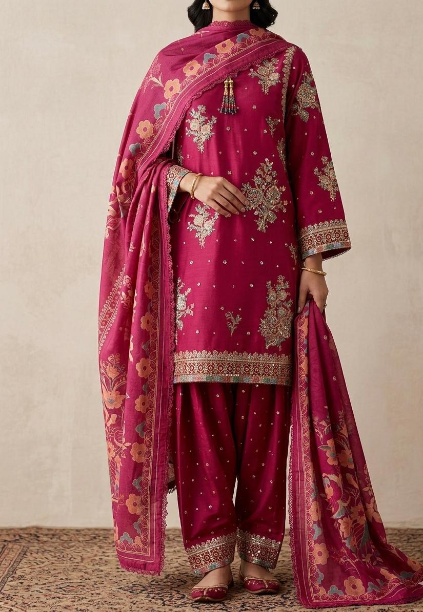 3Pc Cotton Lawn Suit | Embroidered Shirt Shalwar with Silk Dupatta – Tilla & Sequin Work
